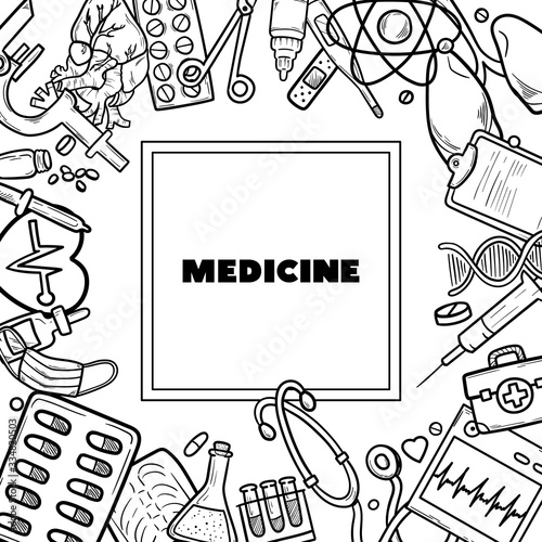 Healthcare and Medicine Vector illustration. Hand Drawn Doodle Drugs and Medical Products and Devices Background for your design