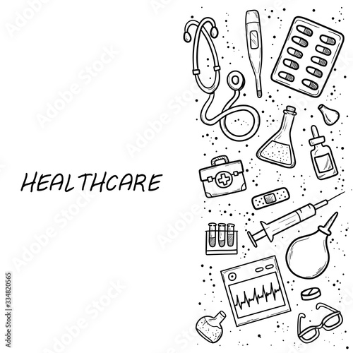 Healthcare and Medicine Vector illustration. Hand Drawn Doodle Drugs and Medical Products and Devices Background for your design