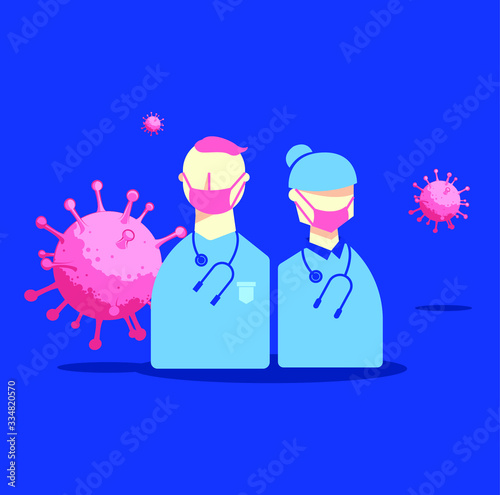 colorful vector illustration of coronavirus covid19 next to doctors with stetescope