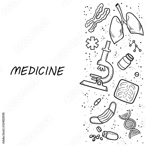Healthcare and Medicine Vector illustration. Hand Drawn Doodle Drugs and Medical Products and Devices Background for your design