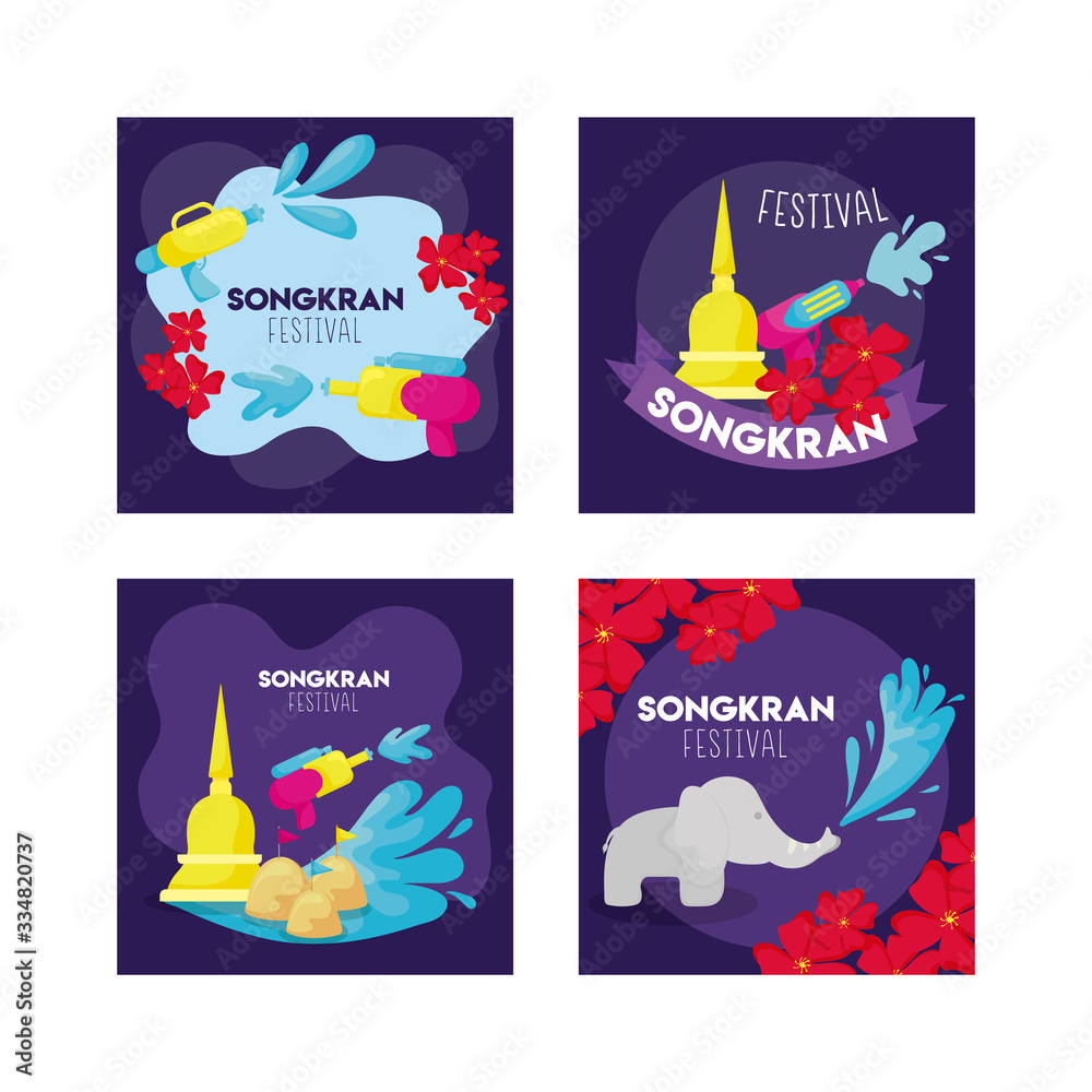 set of cards of songkran festival in thailand