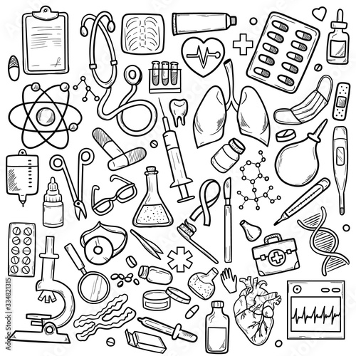 Healthcare and Medicine Vector illustration. Hand Drawn Doodle Drugs and Medical Products and Devices Background for your design