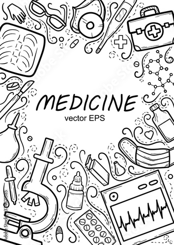 Healthcare and Medicine Vector illustration. Hand Drawn Doodle Medical Products and Devices Background