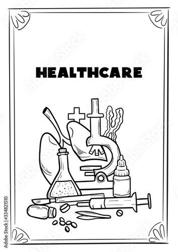 Healthcare and Medicine Vector illustration. Hand Drawn Doodle Medical Products and Devices Background