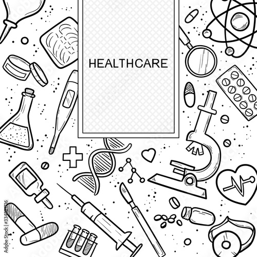 Healthcare and Medicine Vector illustration. Hand Drawn Doodle Medical Products and Devices Background