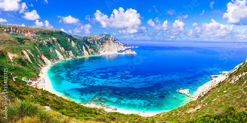 Best beaches of Kefalonia island - Petani with turquoise transparent sea. Greece, Ionian islands