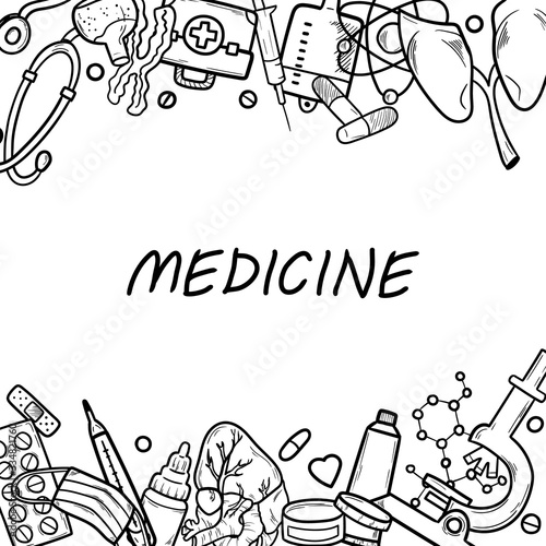 Healthcare and Medicine Vector illustration. Hand Drawn Doodle Medical Products and Devices Background