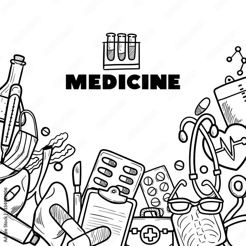 Healthcare and Medicine Vector illustration. Hand Drawn Doodle Medical Products and Devices Background