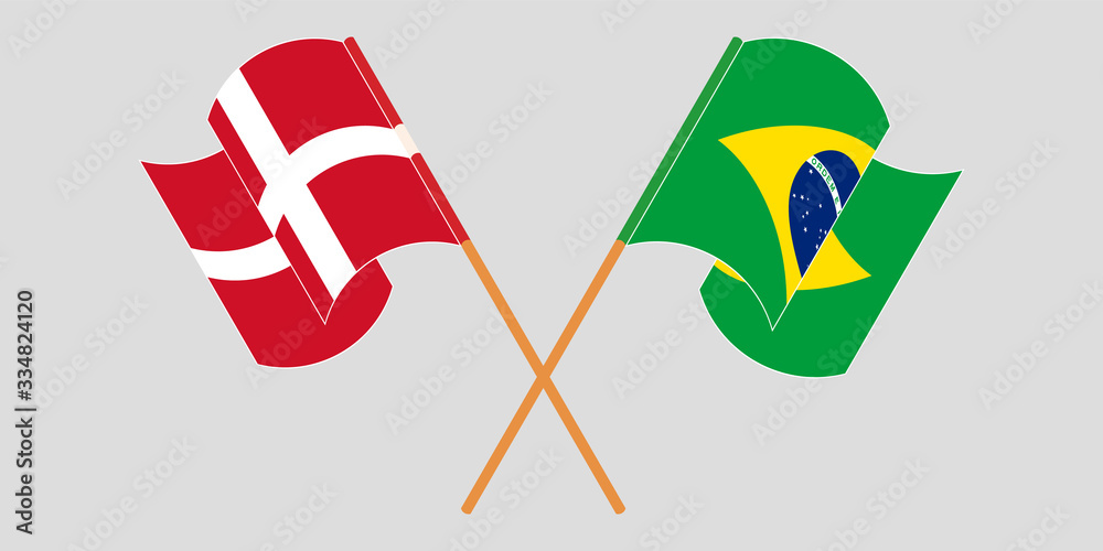 Crossed and waving flags of Brazil and Denmark Crossed and waving flags of Brazil and Denmark