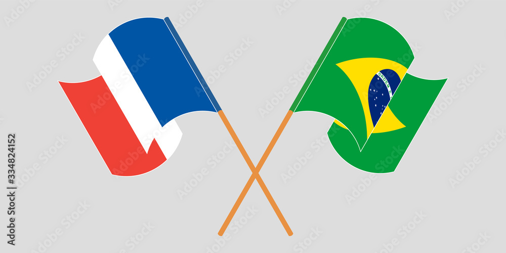 Crossed and waving flags of Brazil and France Crossed and waving flags of Brazil and France