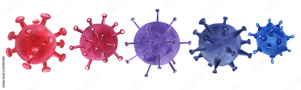 Covid-19.Coronavirus cells set isolated on white background.Print for banner, poster. Pandemic protection concept. Watercolor hand drawn template illustration. - obrazy, fototapety, plakaty 