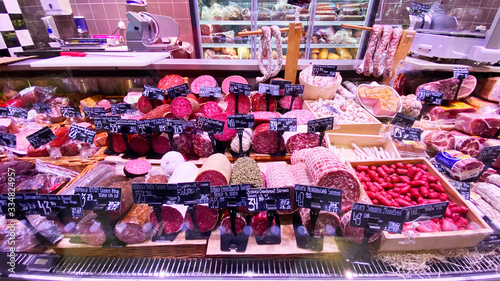 Schilderij op canvas LVIV, UKRAINE - December 6, 2019: Shop of sausage and meat products