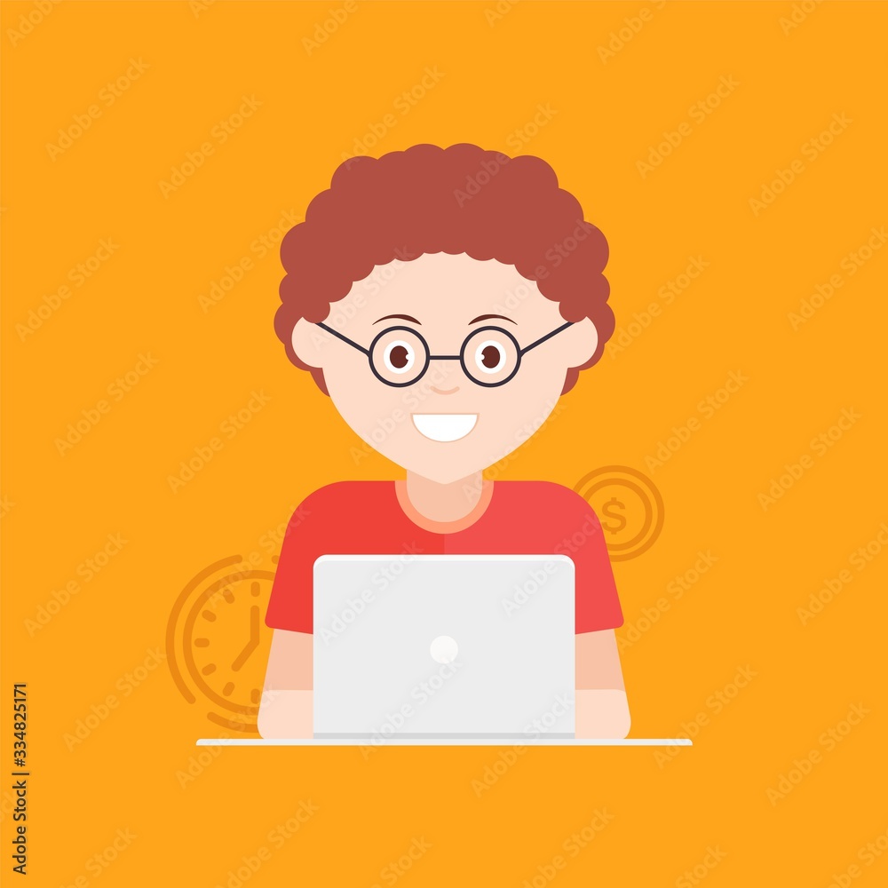 Man at his desk is working on the laptop computer . Freelance job concept. flat Vector illustration.
