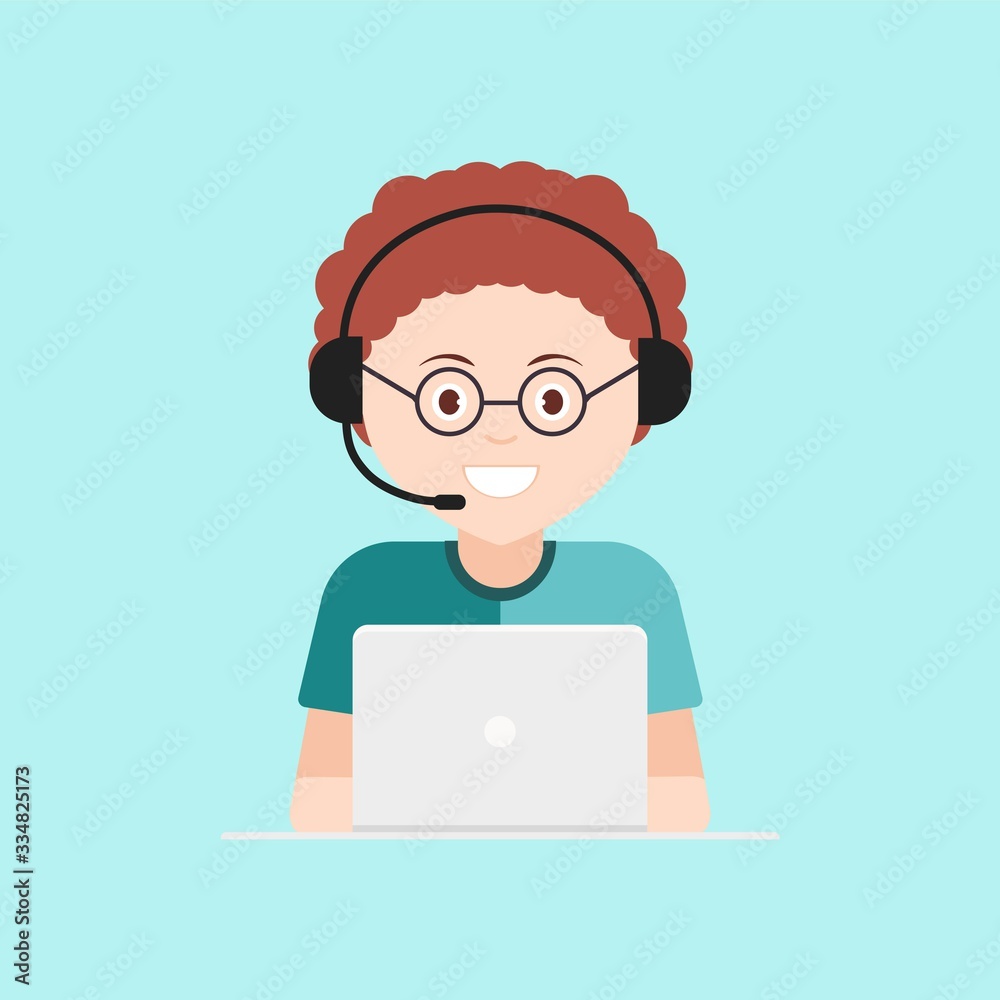 Client services and communication, Flat style vector illustration isolated . Operator of call center office working in headphones with mic laptop Client services and communication, Flat style vector illustration isolated . Operator of call center office working in headphones with mic laptop