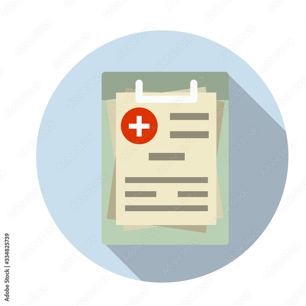Medical document with sheet, paper. Set of objects of hospital. Cartoon flat illustration in blue circle Medical document with sheet, paper. Set of objects of hospital. Cartoon flat illustration in blue circle