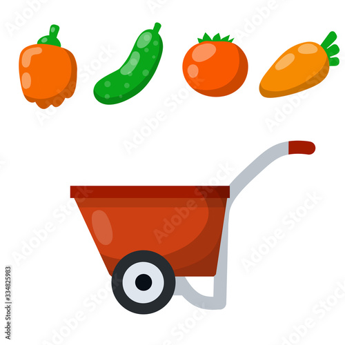 Red farmer's cart with vegetables. Pepper, tomato, carrot, cucumber. Fresh food and harvest. Rustic element and red wheelbarrow. Cartoon flat illustration
