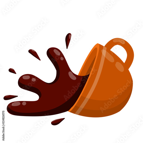 Spilled Cup of coffee. Spray and drop. Sloppy handling in the kitchen. Cartoon flat illustration. Red mug. Brown drink with caffeine