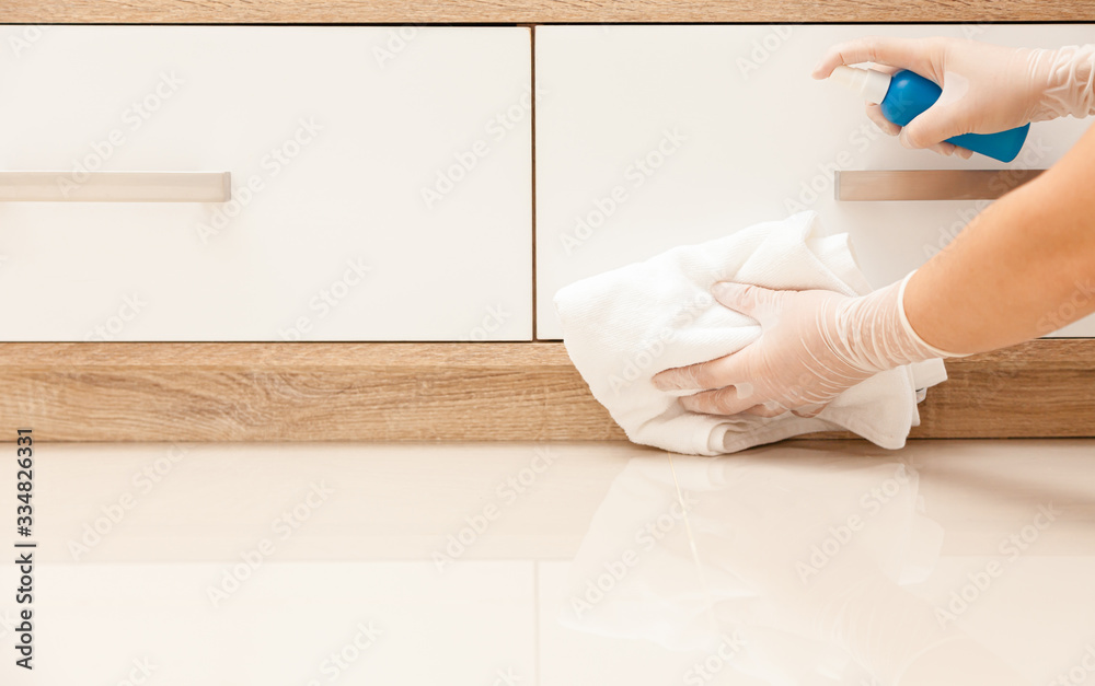 Fototapeta premium Deep cleaning disinfect for Covid-19 disease prevention. alcohol,disinfectant spray on Wipes of Housewares in home for safety,infection of Covid-19 virus,germs,bacteria that are frequently touched .