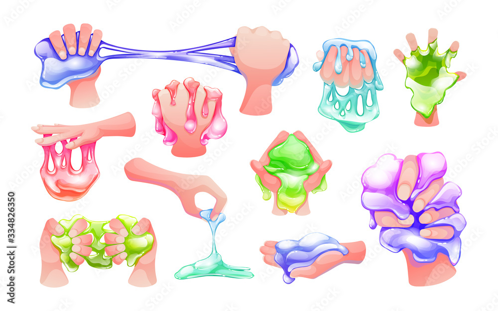 Funny colorful cartoon homemade slime holding in the hand. Goo blob splashes, sticky dripping mucus, slimy drops. Glossy goo lilac, pink, green and blue slime blots. Vector illustration isolated.