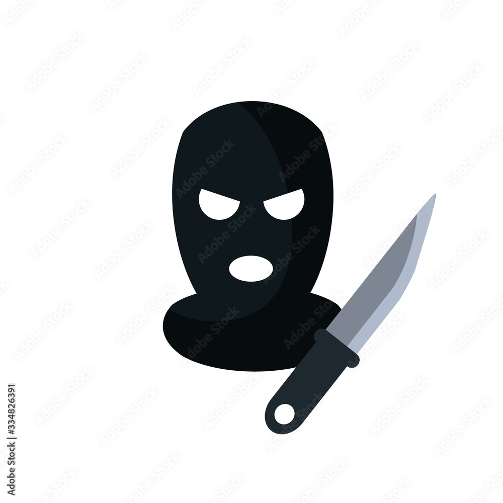 Killer's black Balaclava. Clothing of robber. Knife and maniac's weapon. Security problem. Icon of danger. Flat illustration. Mask of criminal. Killer's black Balaclava. Clothing of robber. Knife and maniac's weapon. Security problem. Icon of danger. Flat illustration. Mask of criminal.