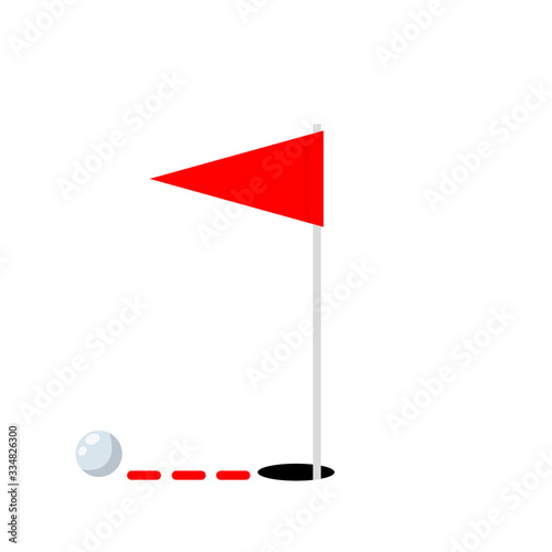 Golf course. Summer sports and hobby. Red flag with hole and ball. Cartoon flat illustration