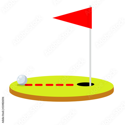 Golf course. Summer sports and hobby. Red flag with hole and ball. Cartoon flat illustration