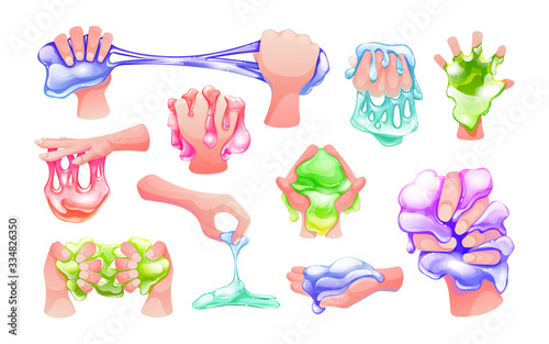 Funny colorful cartoon homemade slime holding in the hand. Goo blob splashes, sticky dripping mucus, slimy drops. Glossy goo lilac, pink, green and blue slime blots. Vector illustration isolated.