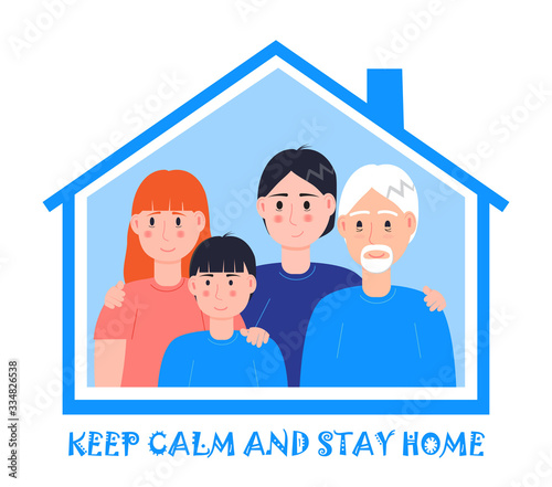Smiling family is standing together near window and asking that everybody stays at home. Social campaign and support people in self-isolation. Coronavirus prevention vector.