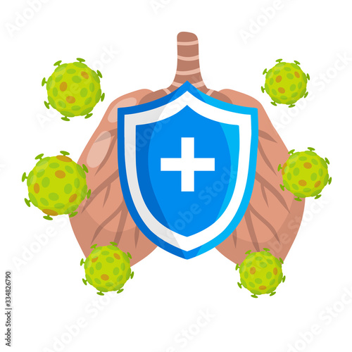 Disease of internal organs of respiration. Lungs and microbes. Medical care. Treatment for illness. Symbol of medicines. Flat illustration. Green virus and blue shield