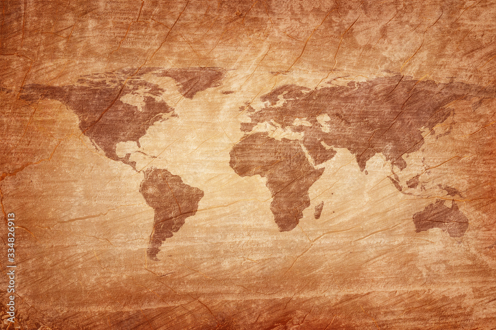 Old map of the world on a old wooden parchment background. Vintage style. Elements of this Image Furnished by NASA.