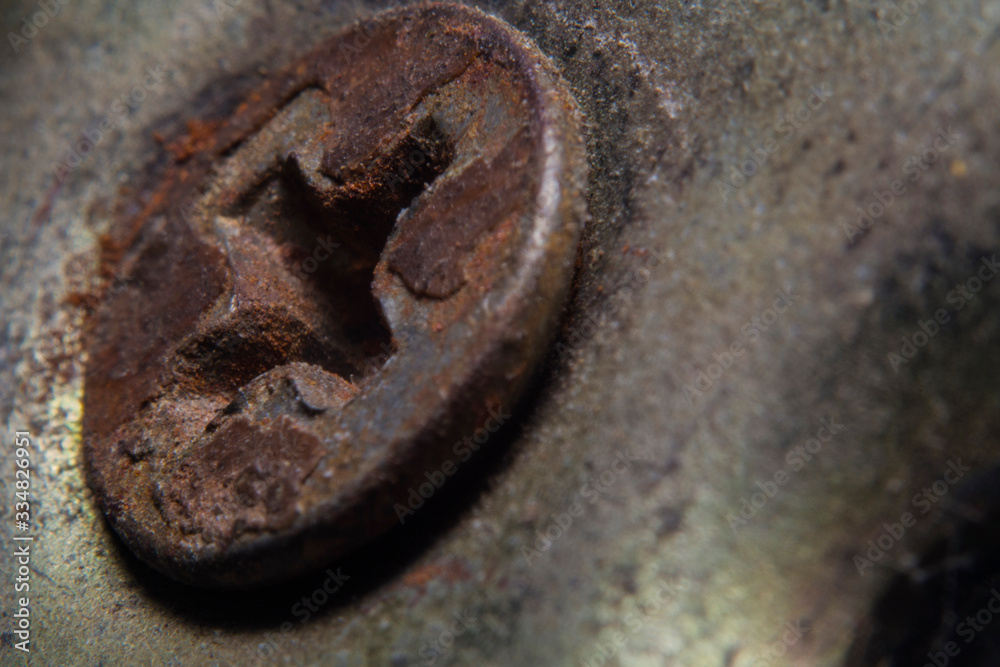 Macro shots an old, dusty and rusty screw on the door handles mechanism Macro shots an old, dusty and rusty screw on the door handles mechanism