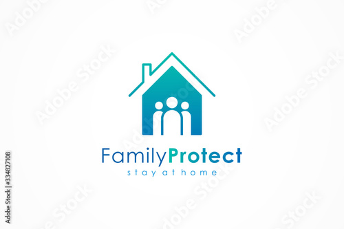 Family Home Logo. House Icon with Negative Space People inside isolated on White Background. Flat Line Vector Logo Design Template Element.