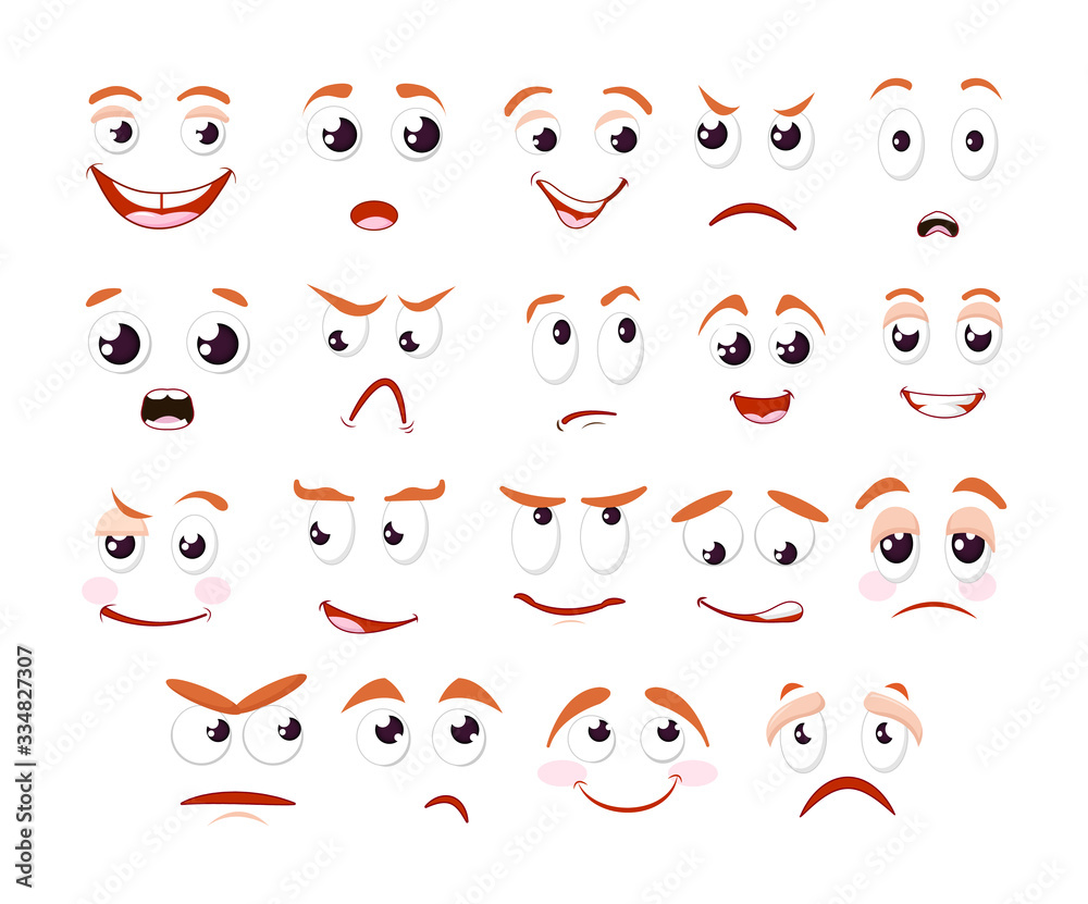 Cartoon faces collection. Expressive eyes and mouth, smiling, crying and  surprised character face expressions. Caricature comic people emotions.  Cartoon vector illustration. Stock Vector | Adobe Stock