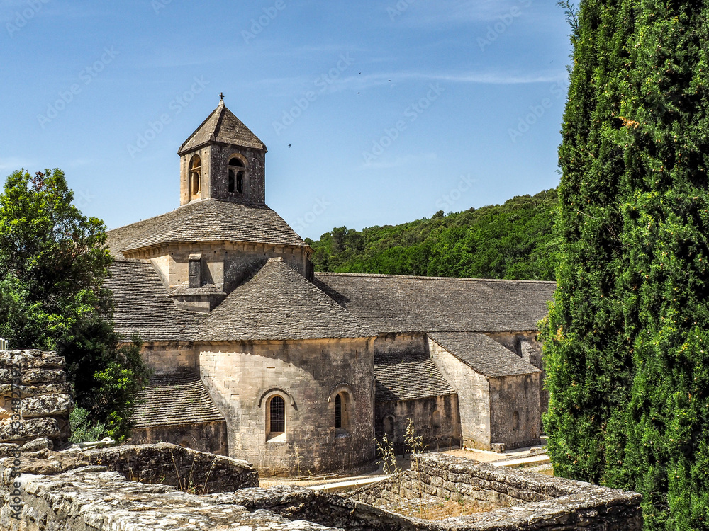 Abbaye de Senanque in Gordes, France, with newly planted lavender fields.