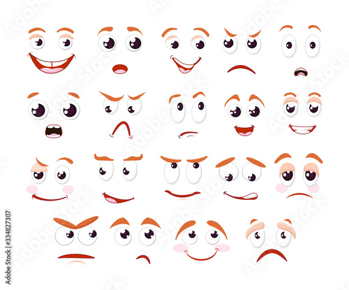 Cartoon faces collection. Expressive eyes and mouth, smiling, crying and surprised character face expressions. Caricature comic people emotions. Cartoon vector illustration.