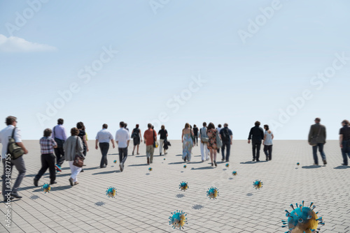 Corona Concept: Unidentifiable people walking in pedestrian area close to each other with corona virus renderings inbetween