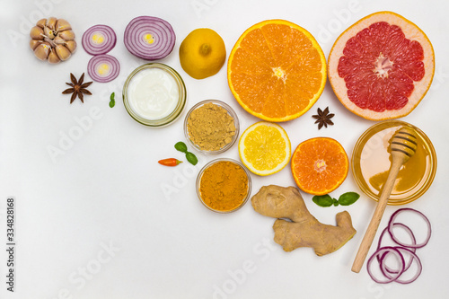 Set of products of citrus, ginger, honey, garlic, onions yogurt for natural protection against the virus