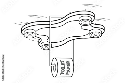 Black and White Drone Quadrocopter with Roll of Toilet Paper Isolated on White Background. Aircraft Provides Necessary Delivery of Goods. Vector. 3D Illustration