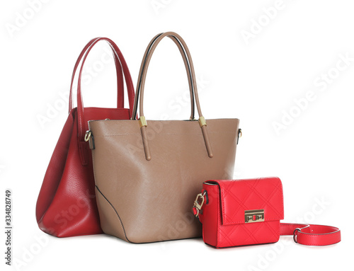 Different stylish woman's bags isolated on white