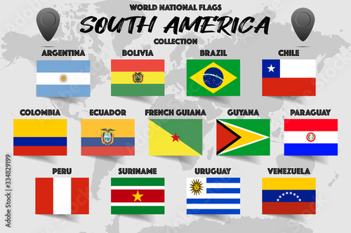 Set of realistic official world national flags, waving edition. isolated on map background. Object, icon and symbol for design. South America Collection. Argentina, Peru, Bolivia, Uruguay