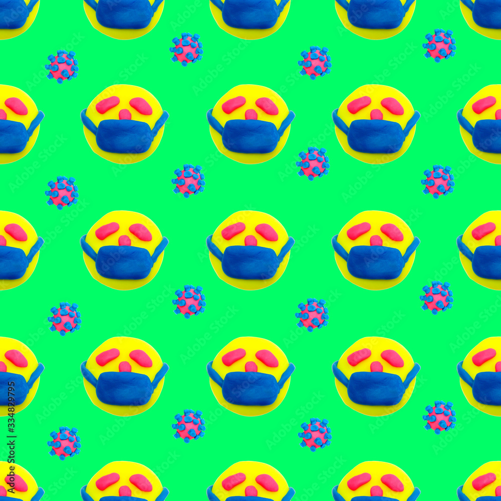 A seamlees pattern, plasticine face with a medicine protective mask, texture, layout. Covid-19. Corona virus. A seamlees pattern, plasticine face with a medicine protective mask, texture, layout. Covid-19. Corona virus.