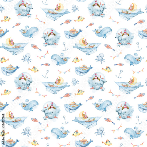 Watercolor hand painted cute cartoon whales, fish, ancor. Seamless pattern for fabric, travel blog, wrapping paper, wallpapers, scrapbooking, prints and textile.Lovely illustration on white background