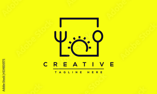 Organic farm Logo Design Template. Vector sun, knife and spoon in a line art modern style.