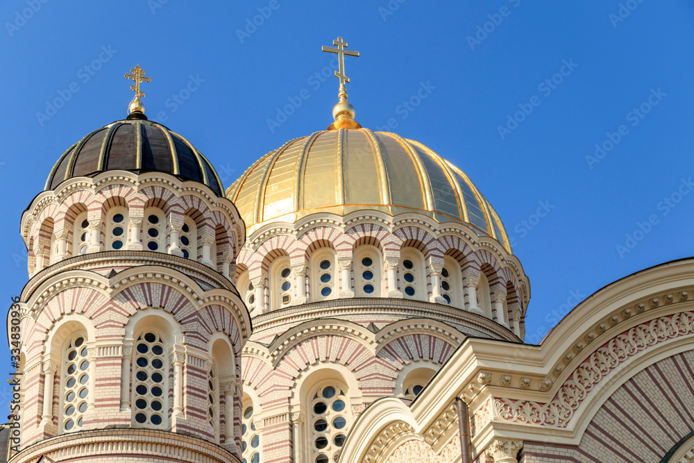 The Nativity of Christ Cathedral in Riga, Latvia. Byzantine-styled Orthodox cathedral, the largest in the Baltic region