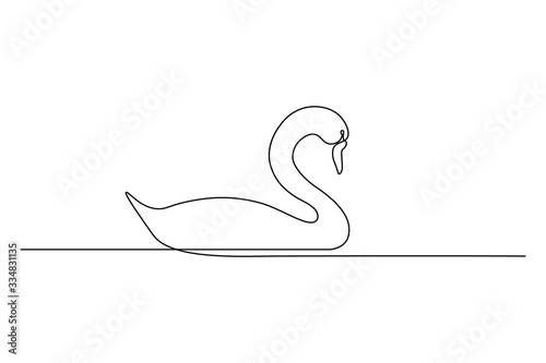 Graceful swan bird on water surface in continuous line art drawing style. Minimal black linear sketch isolated on white background. Vector illustration