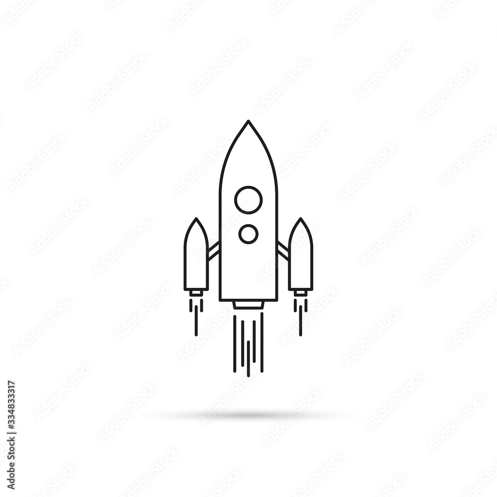 Vector icon of flying spaceship. Rocket ship logo taking off on a white background.