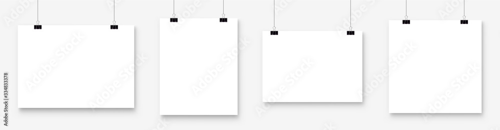 White blank poster template hanging on wall. Paper banner mockup. Vector