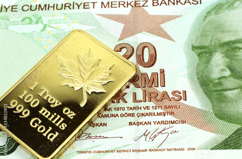 Fototapeta Naklejka Na Ścianę i Meble -  A macro image of a green twenty lira note from Turkey with a gold bar.  Shot close up.