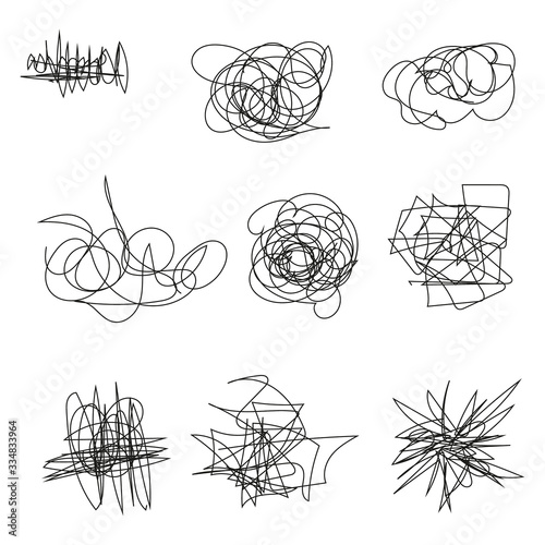 Set of random chaotic lines. Hand drawing insane tangled scribble clew. Vector icon isolated on white background.