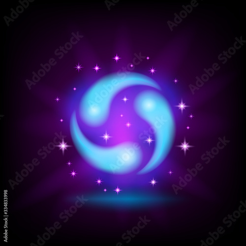 Three blue drops, swirl, water cycle icon for game or mobile apps design with sparkles on dark background, vector illustration.